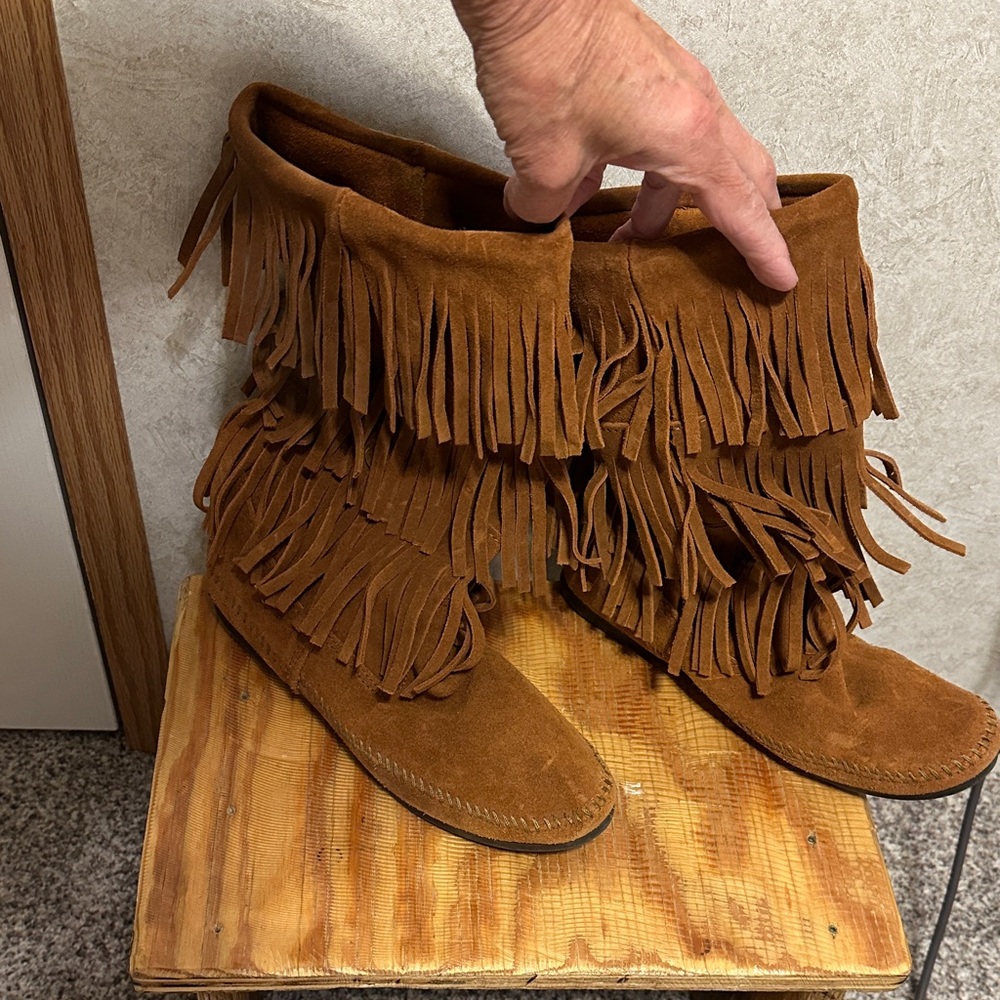 Minnetonka Fringe Suede Boots-Rust